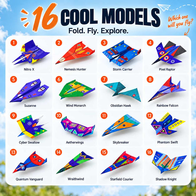The full selection of sixteen paper airplane designs
