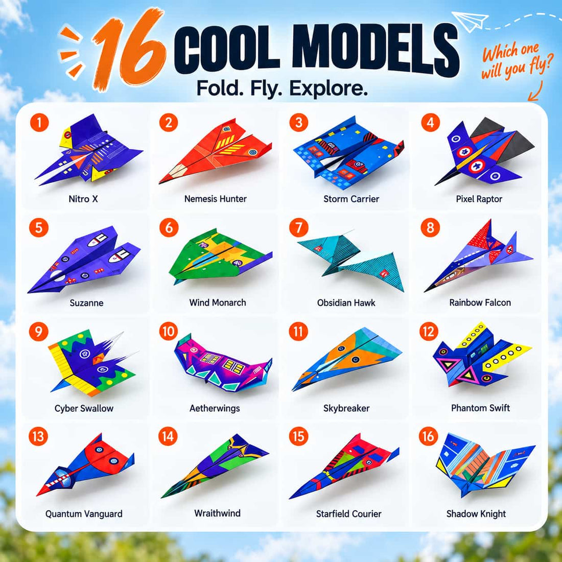 Sixteen paper airplanes with different wing shapes