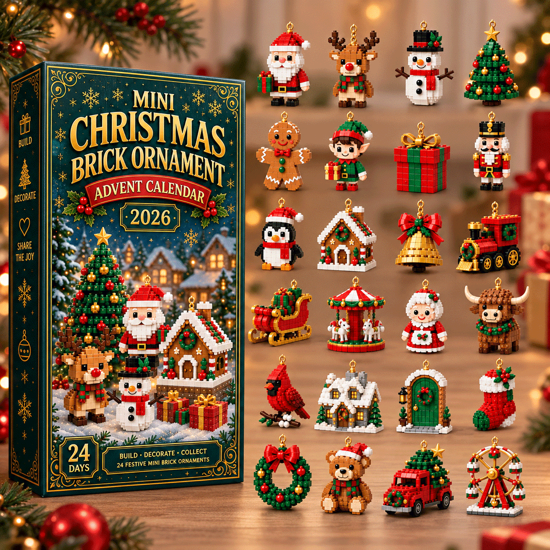 Actual 24-day mini Christmas brick advent calendar contents and finished designs