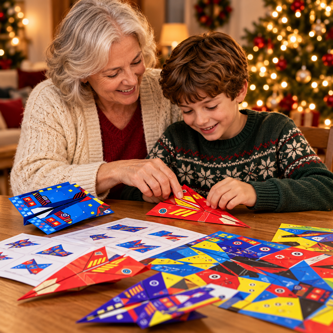 A grandmother and child working together on a paper airplane